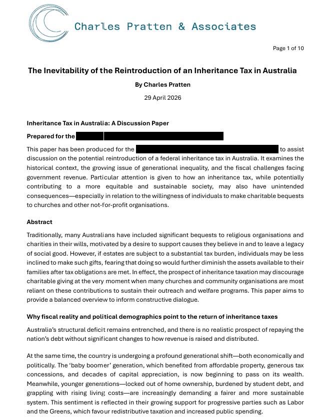Charles Pratten - Inevitability of the Reintroduction of Inheritance Taxes in Australia 29.04.2025 Image