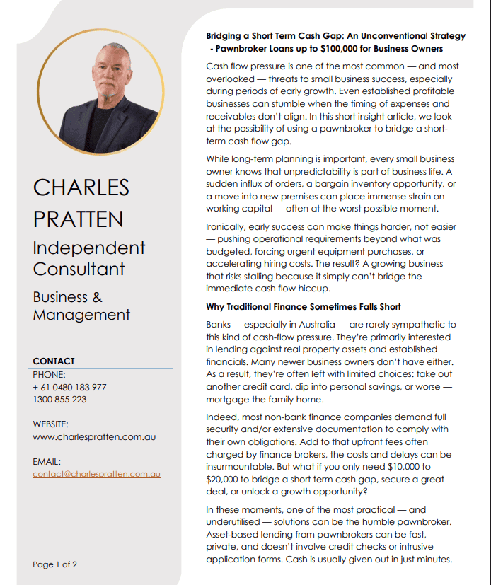 Charles Pratten: Bridging a Short Term Cash Gap